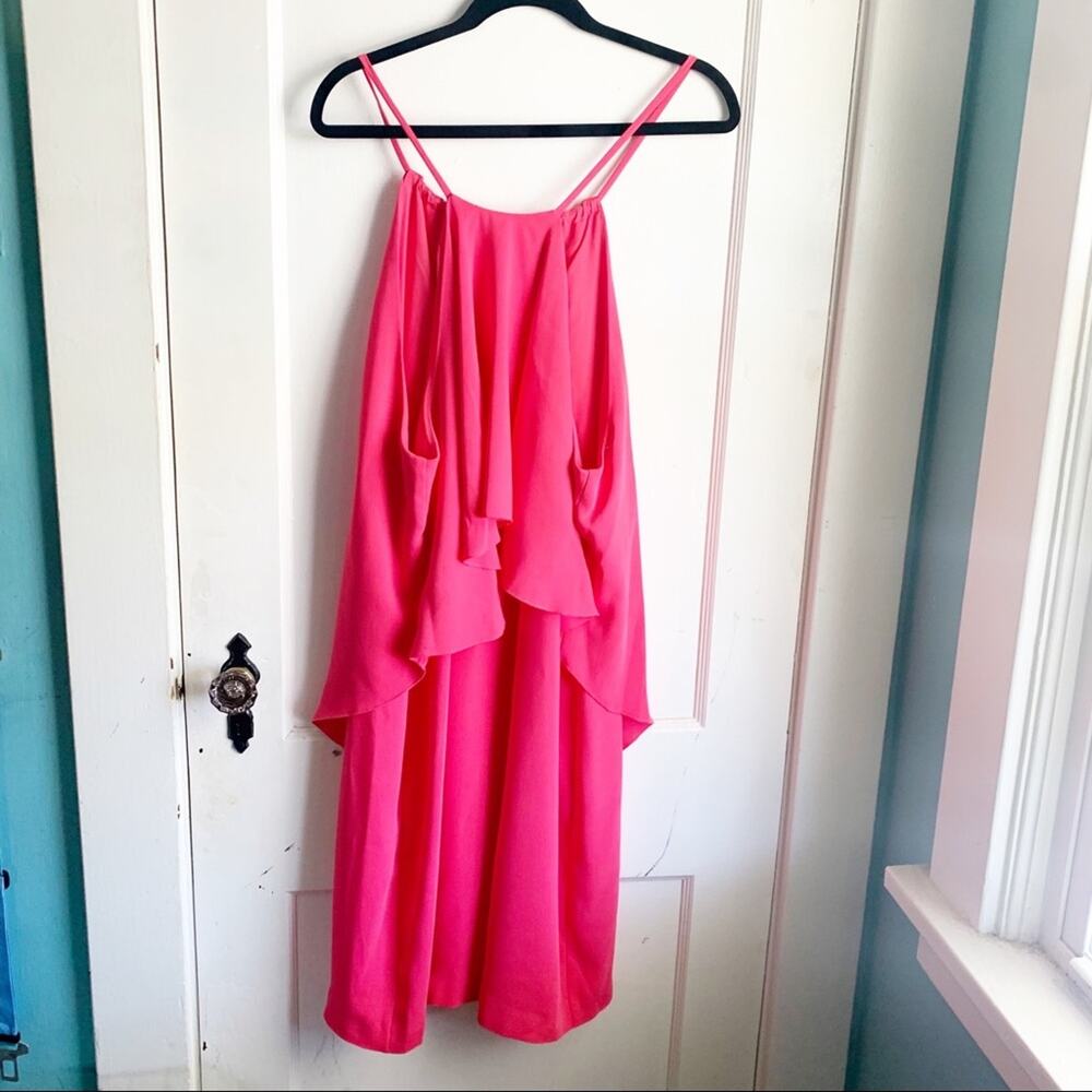 Trina Turk True Love Ruffle Halter Dress Cosmic Pink Strappy Sleeves NEW Large L - Picture 3 of 14